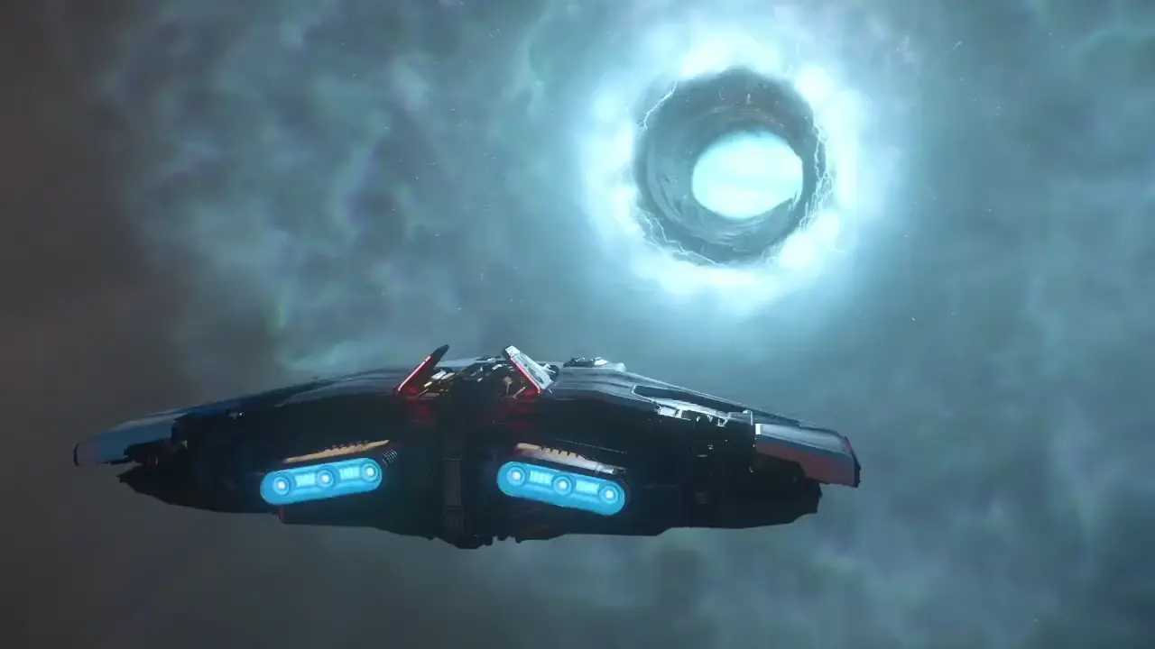 Hyperion Vanguard starship soaring through space